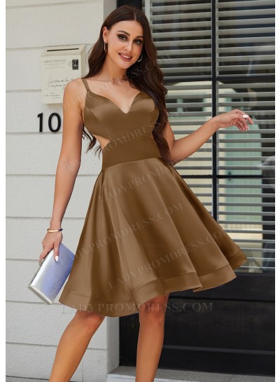 Brown A-line Princess V-neck Silk like Satin Knee-Length Sweet 16 / Homecoming Dresses