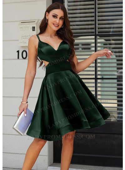 Dark Green A-line Princess V-neck Silk like Satin Knee-Length Sweet 16 / Homecoming Dresses