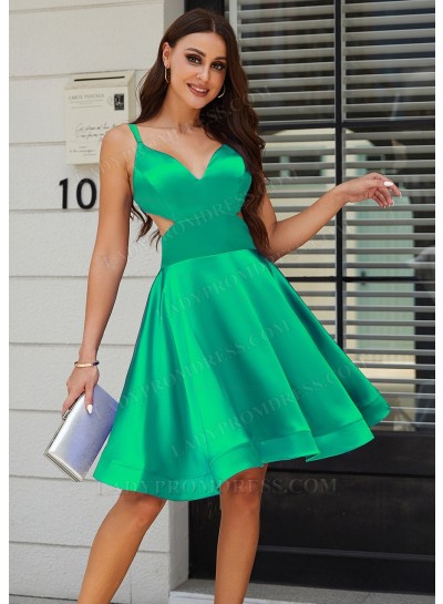 Emerald A-line Princess V-neck Silk like Satin Knee Length Classy Graduation Dresses