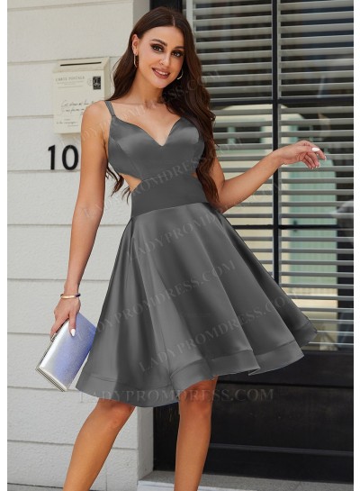 Grey A-line Princess V-neck Silk like Satin Knee-Length Homecoming Dresses
