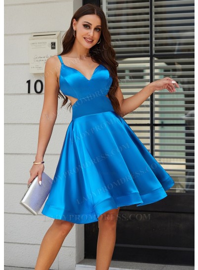 Lake Blue A-line Princess V-neck Silk like Satin Knee-Length Sweet 16 / Homecoming Dresses