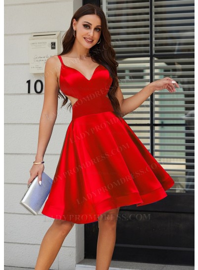 Red A-line Princess V-neck Silk like Satin Knee-Length Homecoming Dresses