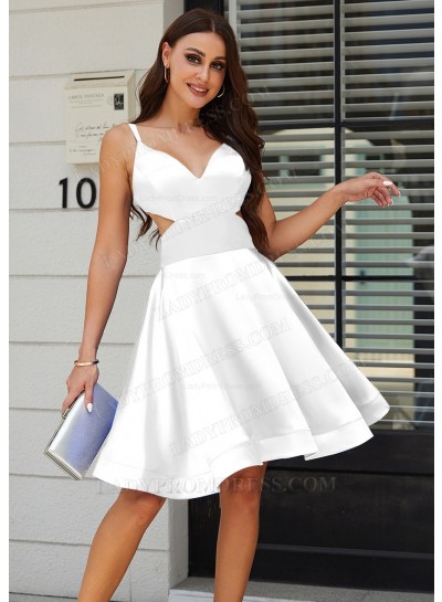 White A-line Princess V-neck Silk like Satin Knee Length Classy Graduation Dresses