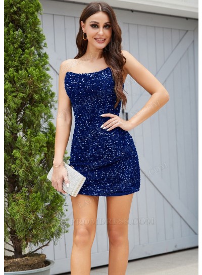 Navy Blue Sheath/Column Sleeveless Sequins Short/Mini Sweet 16 / Homecoming Dresses