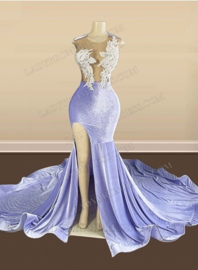 2024 Lavender Sheath Beaded Elastic Satin Long Prom Dresses