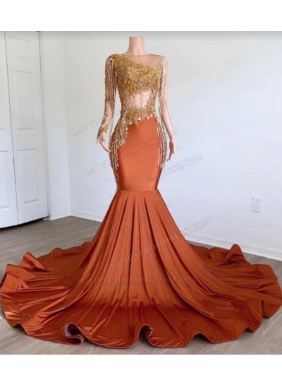 Mermaid Orange Satin One Sleeves Beaded Appliques Long Prom Dresses