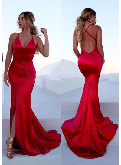 2024 Sexy Mermaid/Trumpet Red Side Slit Backless Prom Dresses
