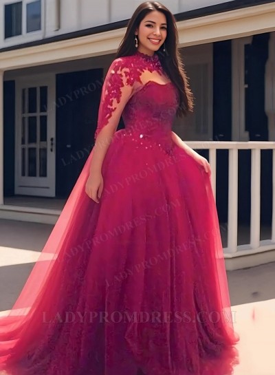 Long Sleeve Ball Gown Natural Appliques Tulle Burgundy Prom Dresses
