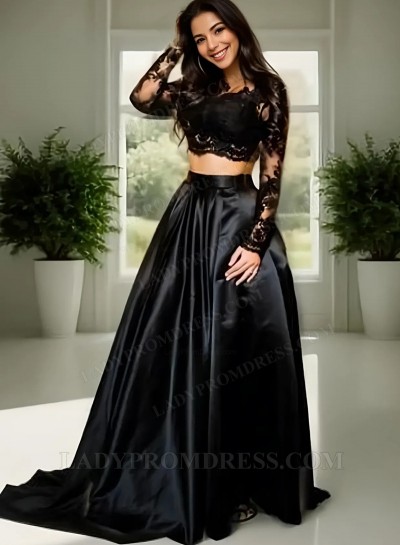 2025 Princess/A-Line Black Long Sleeves Two Pieces Satin Prom Dresses