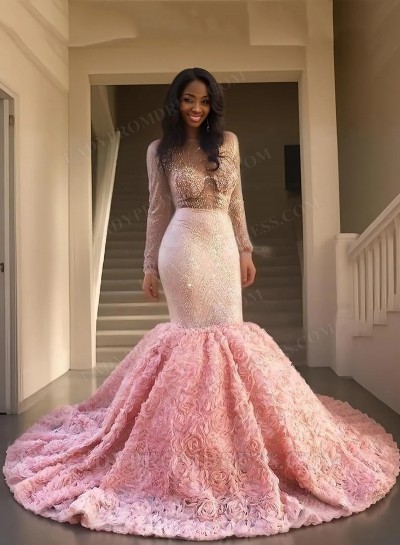 Pink Long Sleeves Mermaid Transparent Prom Dresses With Beads 