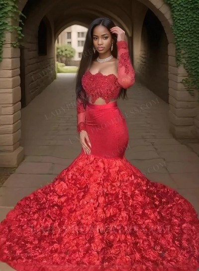 Mermaid Red Long Sleeves Rose Pleated Elastic Satin Prom Dresses