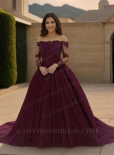 Off Shoulder Burgundy Long Sleeves Tulle Ball Gown Prom Dresses With Appliques