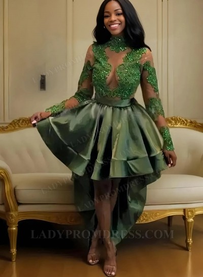 A Line Green Backless Long Sleeves High Low Short See Through Prom Dress With Appliques 