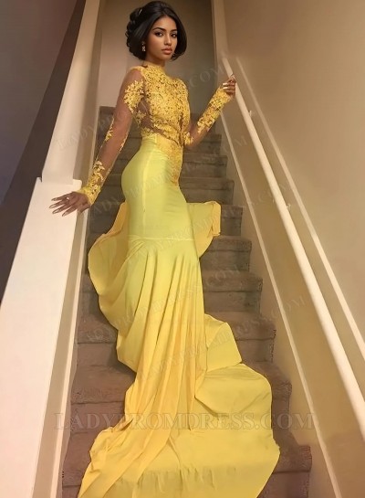 Yellow Long Sleeves Mermaid African High Neck Long Prom Dresses