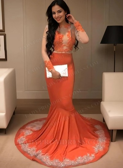 Orange Mermaid See Through Long Sleeves With Appliques Black Women's Prom Dresses