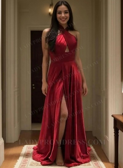 2025 A Line Red Elastic Satin Side Slit Halter Backless Long Prom Dresses