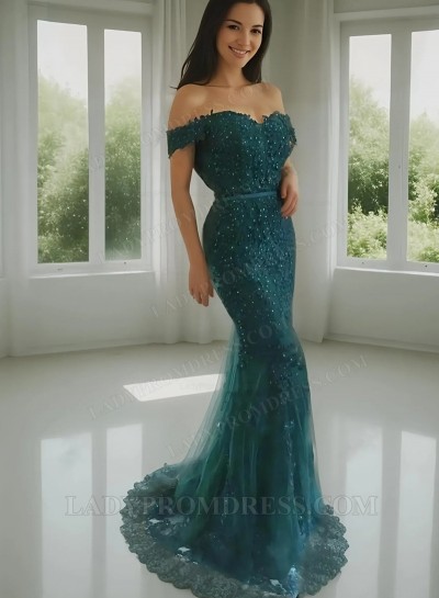 2025 Dark Green Off Shoulder Short Sleeves Sweetheart Tulle Mermaid Appliques Prom Dresses