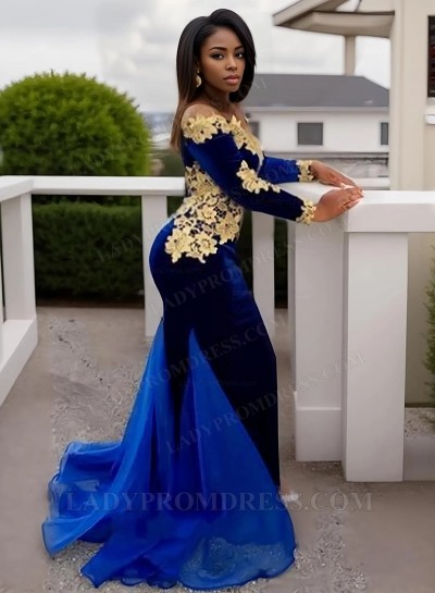 2025 Mermaid Royal Blue Velvet Long Sleeves Off Shoulder South African Prom Dresses