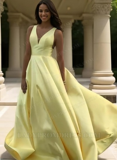 2025 A Line Satin Light Yellow Sweetheart Long Prom Dresses