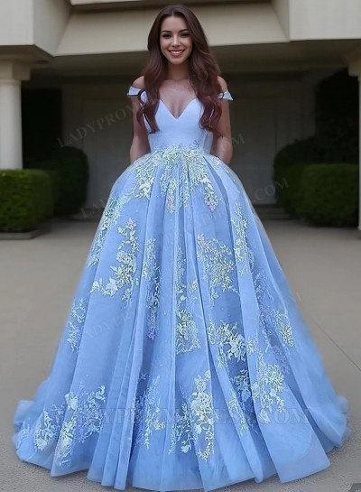 2025 A Line off Shoulder V Neck Bodice Applique Ball Gown Prom Dresses