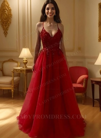 2025 Red Beaded Tulle Spaghetti V Neck Sleepless Prom Dresses