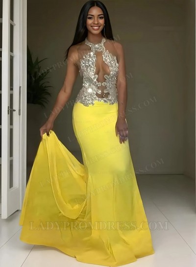 2025 Sequined Sleeveless Sweep Train Prom Dresses with Appliques