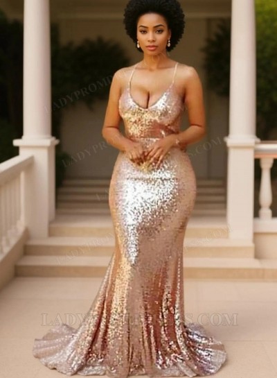 2025 Dusty Rose Low Cut Spaghetti Strap Backless Sequined Prom Dresses