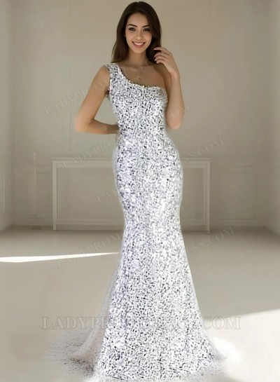 One Shoulder Mermaid Sequined Shining Sleeveless Silver Elegant Prom Dresses