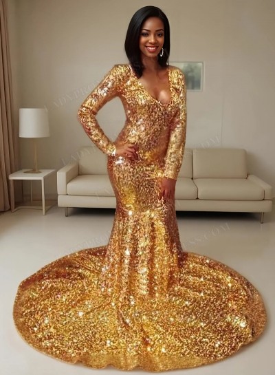 2025 Gold Sequins Long Sleeves Mermaid/Trumpet Scoop Neck Plus Size Prom Dresses