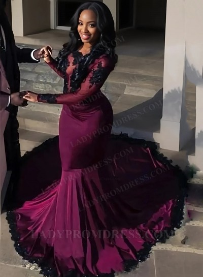 2025 Burgundy Satin Mermaid/Trumpet Long Sleeves Scoop Neck Beaded Prom Dresses with Appliques