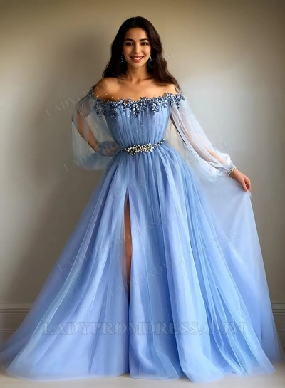 2025 A Line Blue Side Slit Tulle Off Shoulder Long Sleeves Prom Dresses
