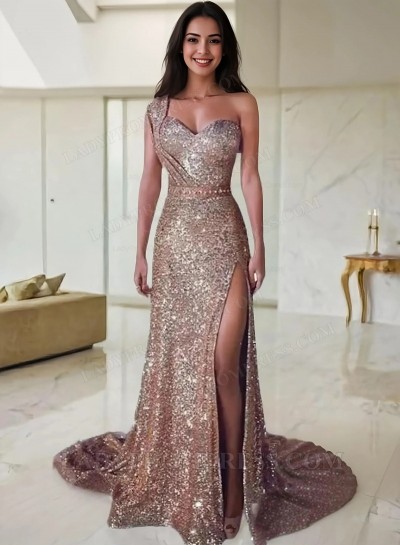 2025 Sheath Side Slit Champagne Sequence One Shoulder Prom Dresses