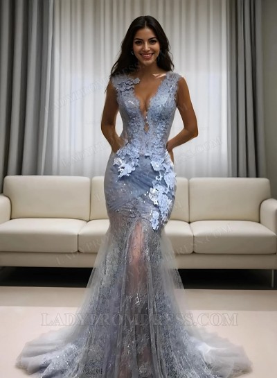 2025 Sheath Light Sky Blue Lace Open Front Prom Dresses