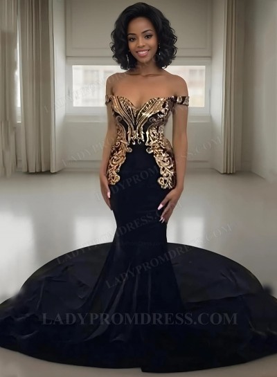 2025 Mermaid Black Off Shoulder Sweetheart Satin Gold Lace Prom Dresses