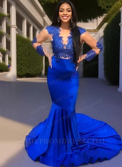 Royal Blue Mermaid Long Sleeves Elastic Satin 2025 Prom Dresses