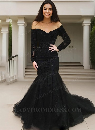 Black Mermaid Off Shoulder Long Sleeves Tulle 2025 Prom Dresses
