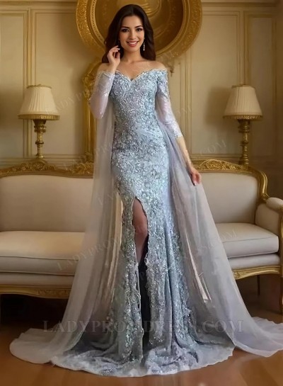 2025 Long Sleeves Off the Shoulder Sheath Lace Prom Dresses