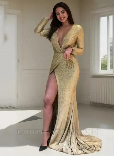 Gold Sheath Side Slit Long Sleeves 2025 V Neck Prom Dresses