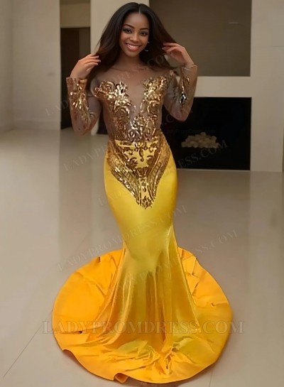 2025 Gold Long Sleeves Off Shoulder Sequence Long Prom Dresses