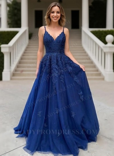 2025 A Line Dark Navy Sweetheart Prom Dresses With Appliques