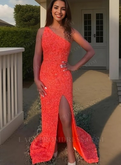 2025 Sequence Coral Sheath One Shoulder Side Slit Long Prom Dresses