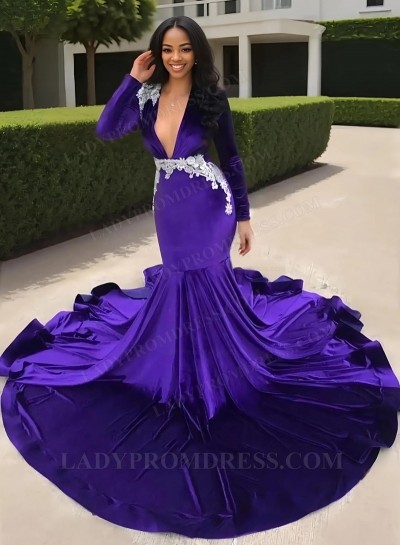 Purple Mermaid V Neckline Long Sleeves Beaded Long Prom Dresses 2025