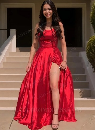 2025 A Line Halter Side Slit Silk Like Satin Red Prom Dresses