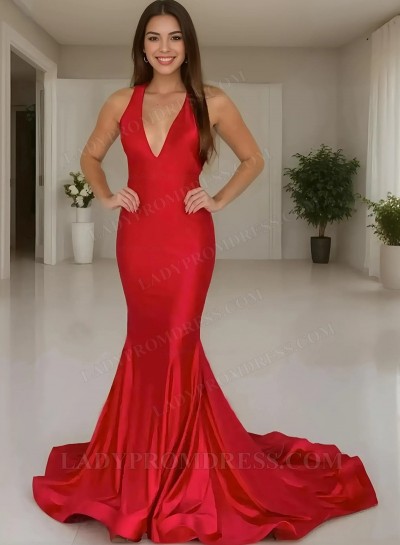 2025 Trumpet/Mermaid Silk Like Satin V-neck Sleeveless Sweep/Brush Train Prom Dresses