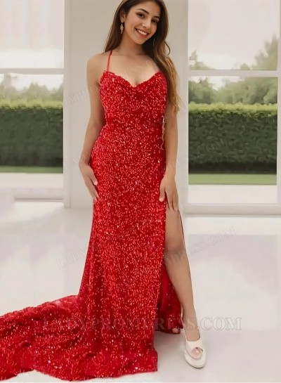 Sheath/Column Sequins Sweetheart  Sleeveless Sweep/Brush Train Prom Dresses 2025
