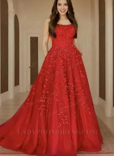 2025 A-Line Princess Tulle Appliques Spaghetti Straps Sleeveless Sweep/Brush Train Prom Dresses