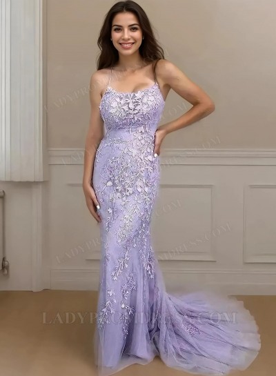 2025 Sheath/Column Tulle Appliques Spaghetti Straps Sleeveless Sweep/Brush Train Prom Dresses