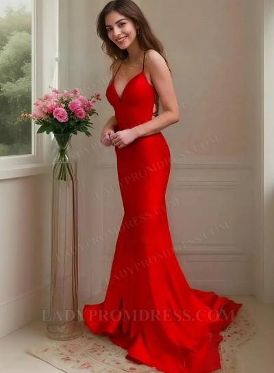 2025 Trumpet/Mermaid Satin Spaghetti Straps Sleeveless Sweep/Brush Train Prom Dresses