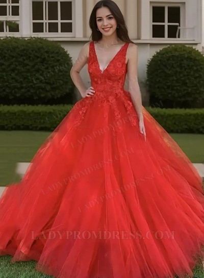 2025 Ball Gown Tulle Appliques V-neck Sleeveless Sweep/Brush Train Prom Dresses 