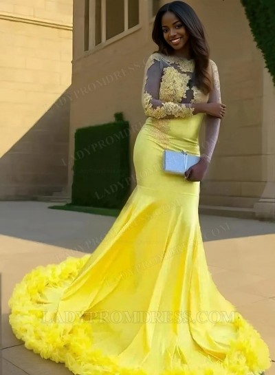 2025 Trumpet/Mermaid Satin Appliques Long Sleeves Sweep/Brush Train Prom Dresses